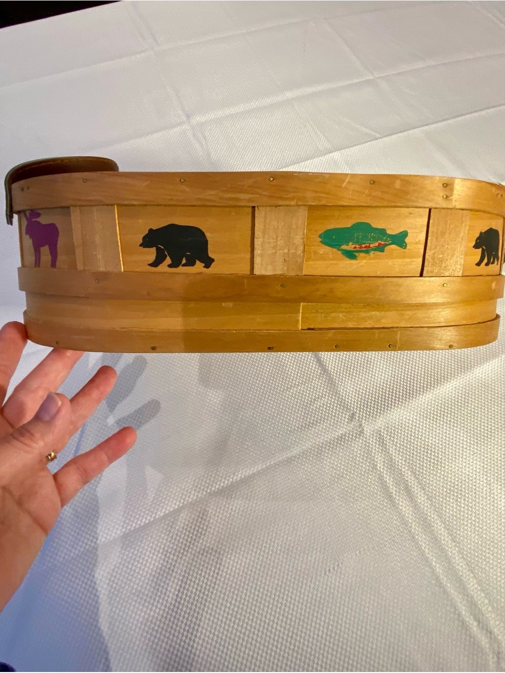 Rustic Wooden Accent Basket with Multicolor Wildlife Motifs Lake Cabin Core